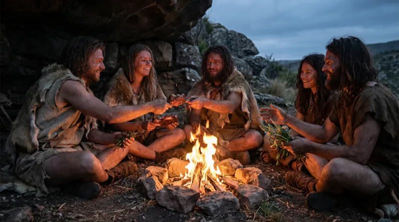 People sharing a meal around a fire